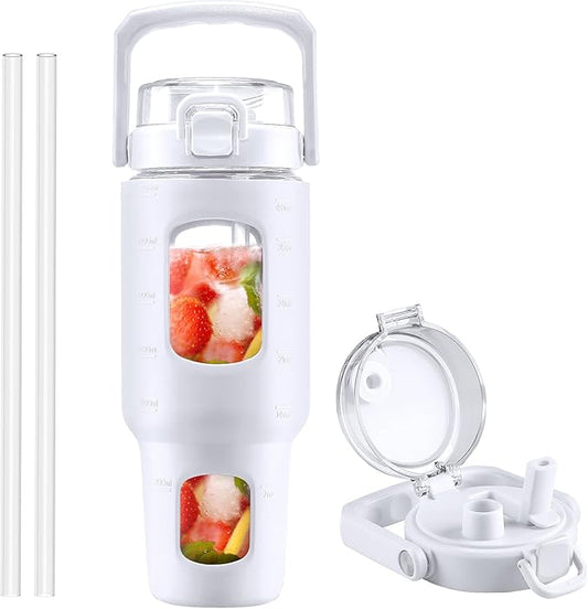 BLUEGO 40 oz Glass Water Bottle with Straw, Leakproof and Time Marker, Wide Mouth for Travel, Gym and Workout, White