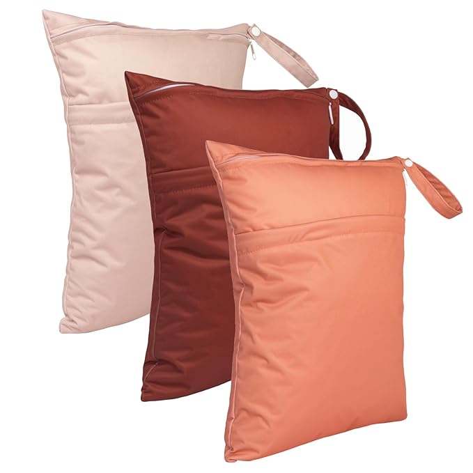 babygoal Wet Dry Bags 3 Pack for Baby Cloth Diapers, Washable Travel Bags, Beach, Pool, Gym Bag for Swimsuits & Wet Clothes with Two Pockets, Snap Handle 3LN33