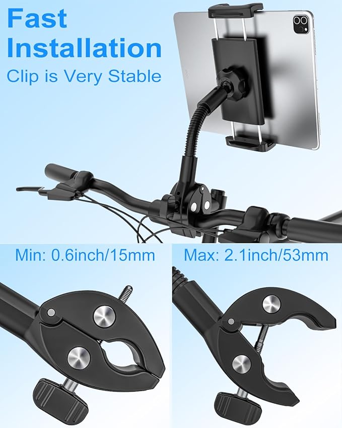 Gooseneck Tablet Holder for Bike, Motorcycle, Wheelchair, Treadmill, Exercise Bicycle, Scooter, Stroller, Handlebar Tablet Mount for iPad Pro, Air, Mini, Galaxy Tabs, 4.7-12.9" Tablet & Phone