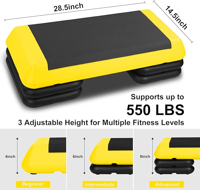 4''-6''-8''Adjustable Aerobic Stepper w/4 Risers Health Workout Step Platform for Sports & Fitness