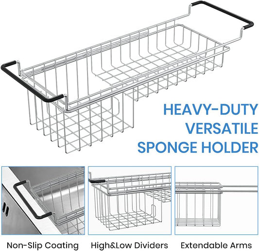 Sink Caddy Sponge Holder Kitchen Sink Organizer Sponge Caddy Expandable 16.06" to 21.02" Farmhouse In-sink Accessories for Rag Detergent Brush Dish Washing Liquid Rack, Stainless Steel