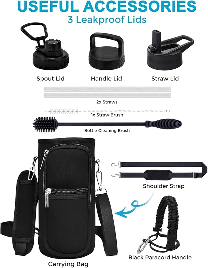 Travel Water Bottle with Carrying Bag, 3 Lids (Spout, Straw, Handle), and Bottle Brush; Leak Proof, Quality, Vacuum Insulated, Stainless Steel (Day & Night, 40 oz)