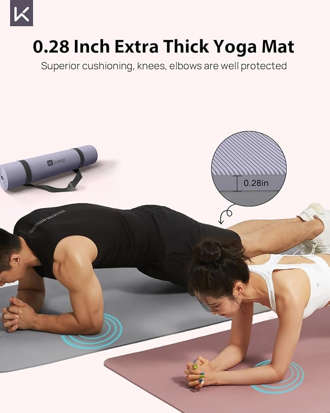 KEEP Yoga Mat, 32" Extra Wide Exercise Mat with Strap for Men and Women, 7mm Thick Double-Sided Non-Slip Eco-friendly Yoga Mat for Pilates, Workout and Fitness