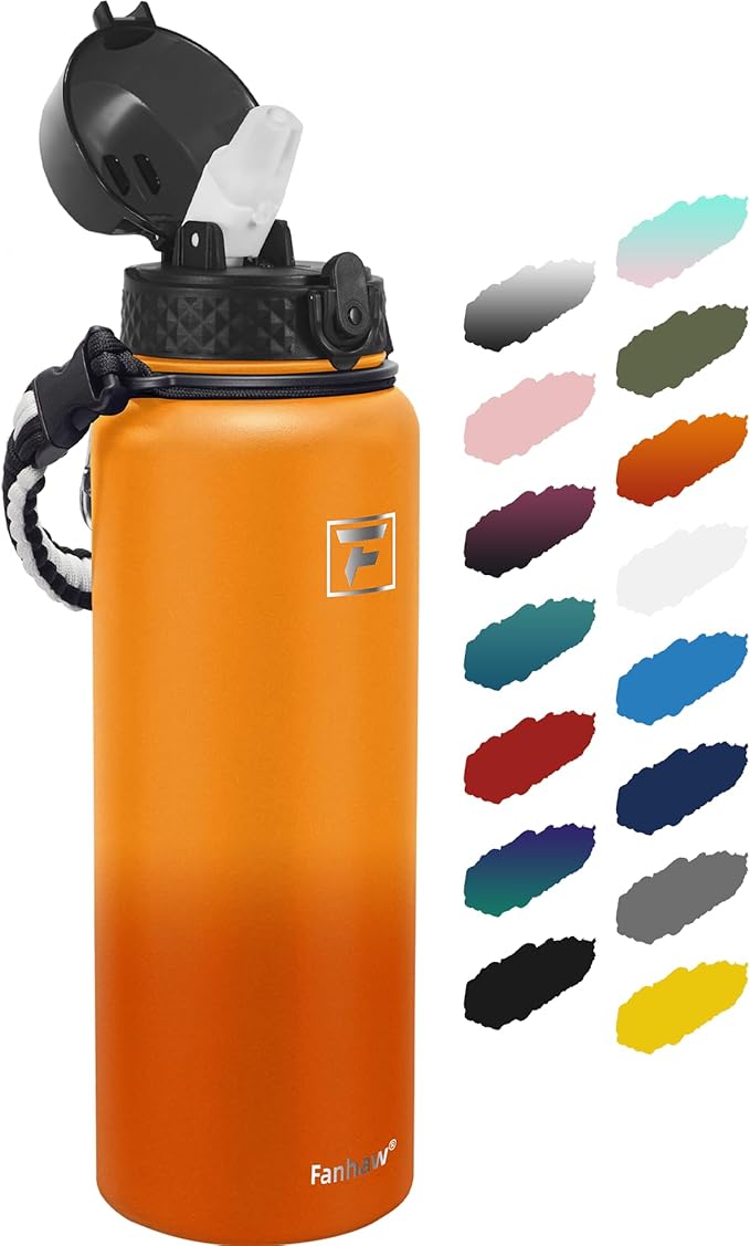 Fanhaw 40 Oz Stainless Steel Insulated Sports Water Bottles with Straw for Kids, Men and Women (Yellow Orange)