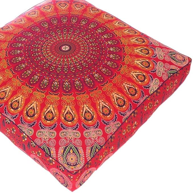 Eyes of India - Mandala Floor Pillow Cover Meditation Cushion Seating Throw Hippie Round Colorful Decorative Bohemian Indian Pouf Ottoman Handmade Cover ONLY (Red, 35" x 35")