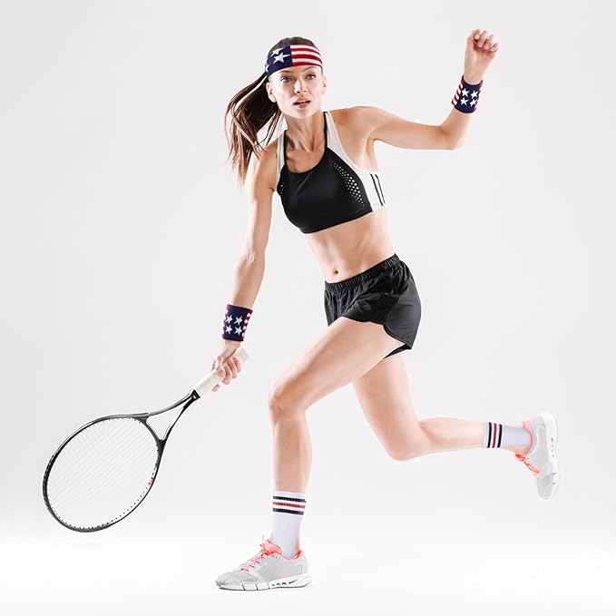 Skylety 5 Pcs Striped Sweatband Sock Set Wrist Sweatband Headband High Striped Headband for Men Women Sports 80s Party(White, Navy Blue and Red)