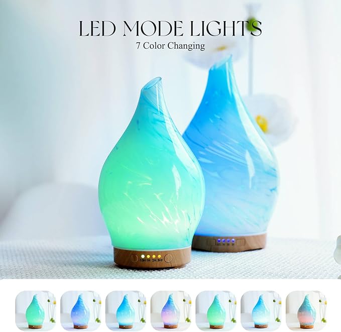 Porseme 150ml Essential Oil Diffuser Glass Color Changing Aroma Air Diffusers Aromatherapy Ultrasonic Cool Mist Humidifier 6 Running Hours Waterless Auto-Off for Sleeping Yoga Office Spa (Blue Wave)