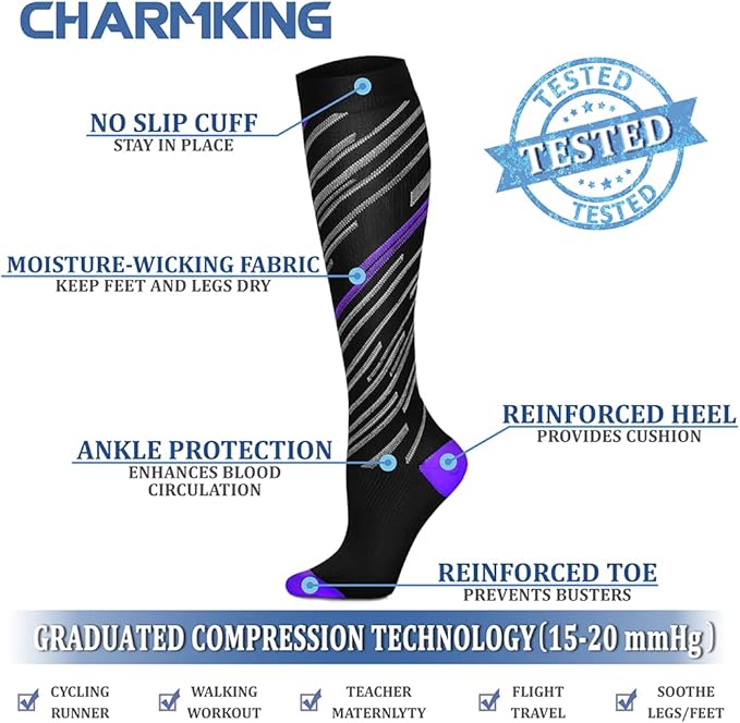 CHARMKING Compression Socks for Women & Men Circulation (8 Pairs) 15-20 mmHg is Best Support for Athletic Running,Hiking