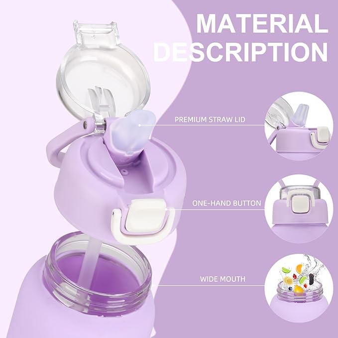 32 oz Glass Water Bottle with 2 Lids-Handle Spout Lid & Straw Lid, 1 Liter Motivational Borosilicate Water Bottle with Time Marker and Silicone Sleeve,Leakproof-Purple-1 Pack