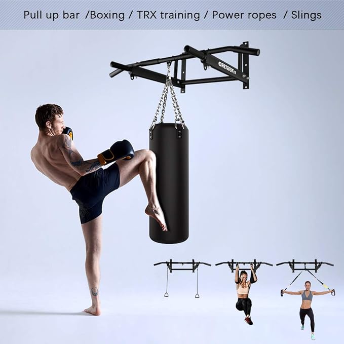 OneTwoFit Wall Mounted Pull Up Bar with More Stable 6-hole design for Indoor and Outdoor Use, Maximum weight 440 Lbs OT103