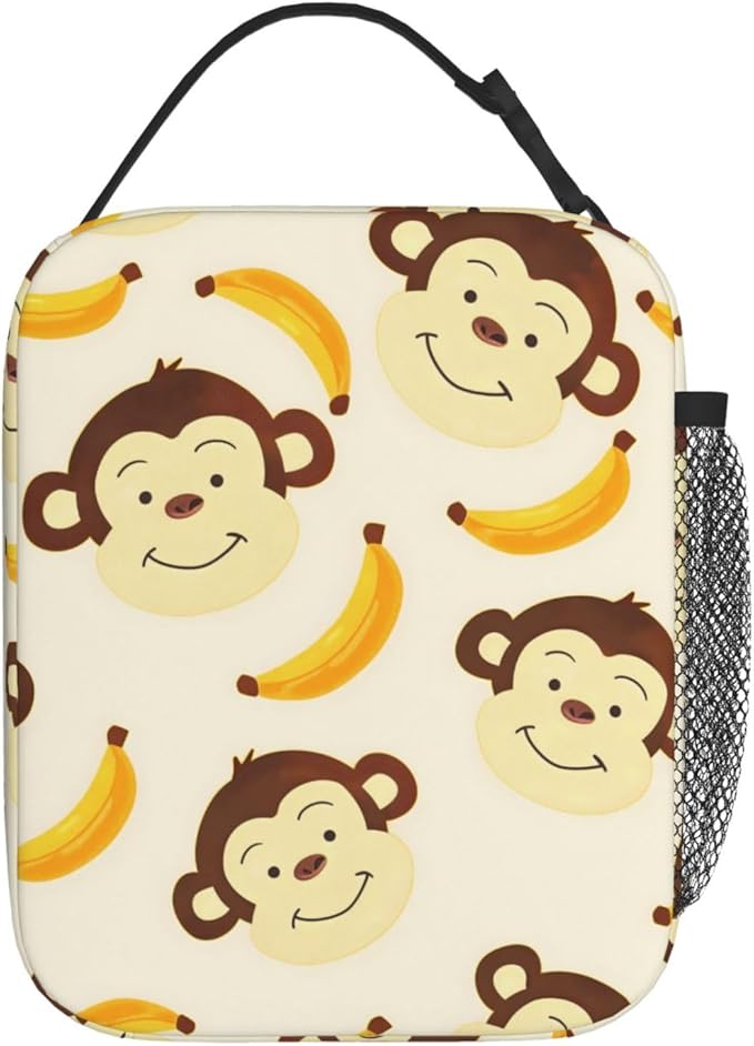 Cute Cartoon Monkey Lunch Box for Women Girls Kids, Insulated Cooler Monkey and Banana Lunch Bag for School, Picnic, Office, Travel, Work, Portable Reusable Polyester Thermal Tote Lunch Bags