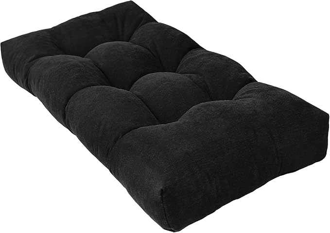 Bench Cushion 42 Inch - Chenille, High-Density Memory Foam, Non-Slip Bottom, Soft Durable Indoor Tufted Long Seat Cushion for Window Garden Furniture (Black, 42x16x4 Inch)