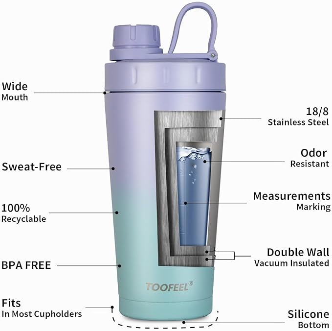 TOOFEEL Insulated Protein Shaker Bottle - 20 oz Double Walled Vacuum Metal, Keeps Cold/Hot, BPA Free Leakproof