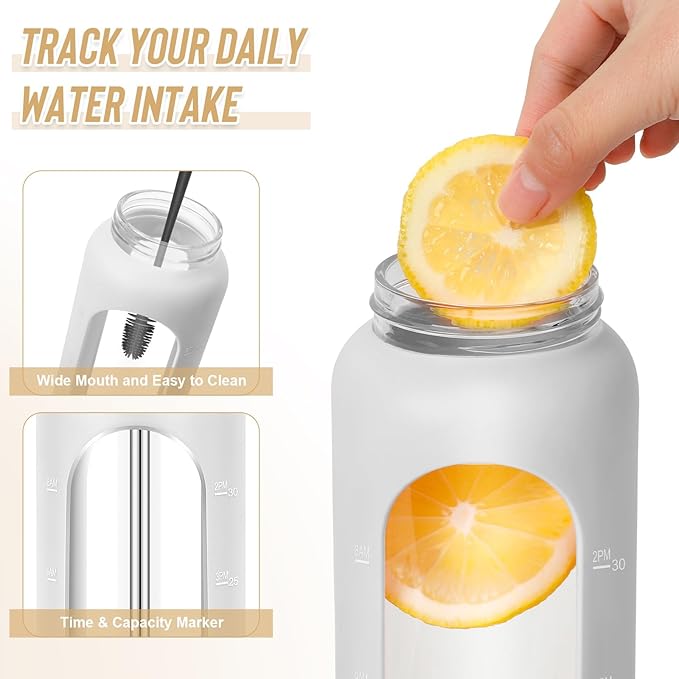 32 oz Glass Water Bottles - 1 Liter Motivational Tumbler Water Bottle Time Marker - Borosilicate Glass Water Bottle With Silicone Sleeve and 2 Lids, Handle Spout & Bamboo Straw Lid