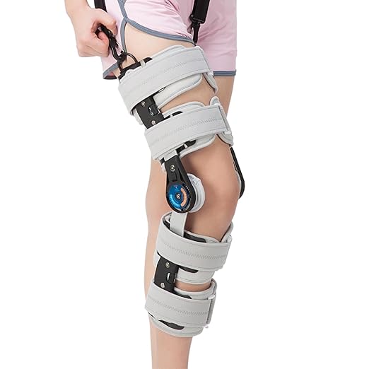 Hinged ROM Knee Brace, Post Op Knee Immobilizer with Side Stabilizers, Adjustable Knee Orthopedic Support After Surgery for Arthritis, ACL, MCL, and PCL Injury