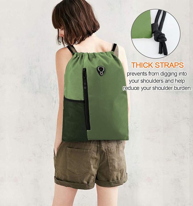 BeeGreen Green Drawstrings Backpacks Bags For Men String Backpack For Women With Water Bottle Pocket &Front Zippered Pocket Large Sackpack For Traveling Yoga Beach Outdoor Gym