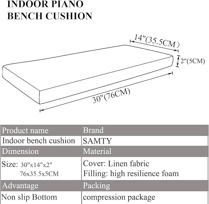 Piano Bench Cushions with Ties Non Slip Memory Foam for Indoor Shoe Storage, Window Seat, Patio Seating, Dining Room Sette Bench pad 30x14 inch, Navy Blue