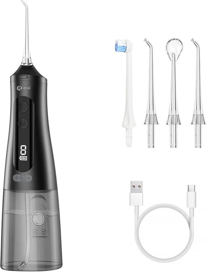 Reva Professional Water Dental Flosser for Teeth & Braces - 9 Modes Cordless Oral Irrigator, 350ML Large Reservoir, 360° Nozzle, IPX7 Waterproof, Rechargeable, Dental Floss Tool (M131 - Black)