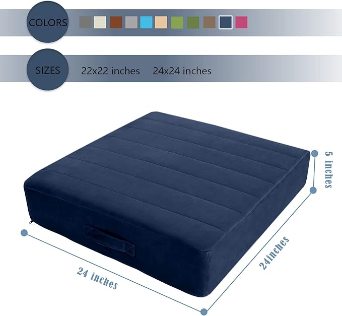 MeMoreCool Square Floor Pillow for Adults and Kids, Large Meditation Cushion with Thick Foam and Washable Tufted Cover, 24-Inch Navy Seat for Yoga and Sitting