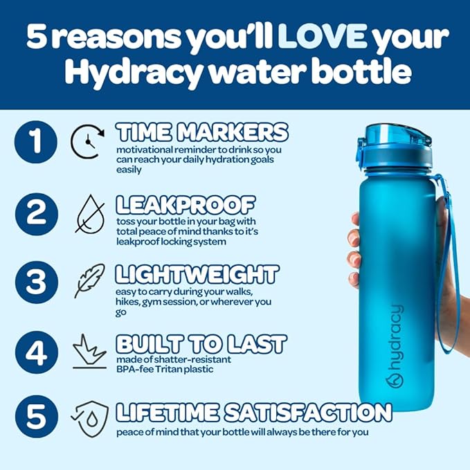 Hydracy Water Bottle with Time Marker -Large BPA Free Water Bottle & No Sweat Sleeve -Leak Proof Gym Bottle with Fruit Infuser Strainer & Times to Drink -Ideal for Fitness Sports & Outdoors