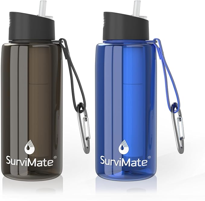 SurviMate Purified Water Bottle for Camping, Hiking, Backpacking and Travel, BPA Free with 5-Stage Intergrated Filter Straw
