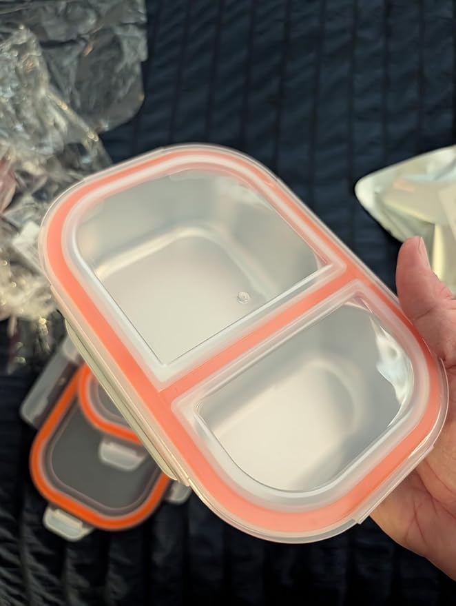 Palksky Lunch Containers Meal Prep Containers Stainless Steel, 2 Compartment Food Storage Containers with Leak-Proof Lids, Reusable Airtight Bento lunch Boxes, Kitchen Storage, Freezer (3 Packs)