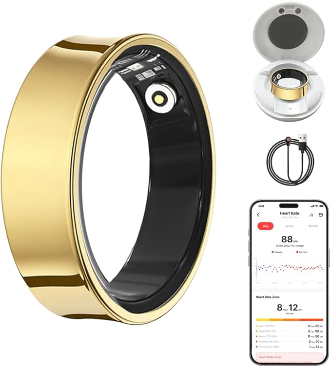 Smart Health Ring for Women Men Fitness Tracker with Heart Rate, Blood Oxygen, HRV, Sleep Monitoring, Step Counting, IP68 for iPhone and Android, No Subscription Fee (Royal Gold, 11#)