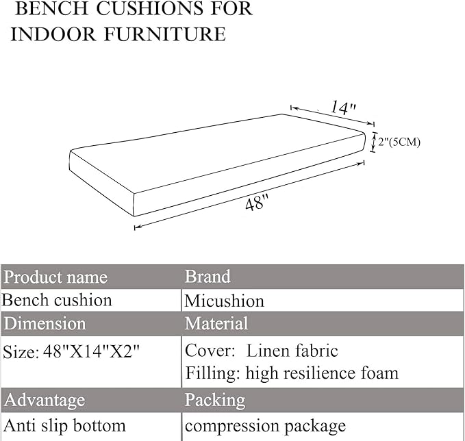 48 x 14 inch Piano Bench Cushion for Indoor Shoe Storage with Ties Non Slip Picnic Bench Pad for Kitchen Dining Table Seat, Grey