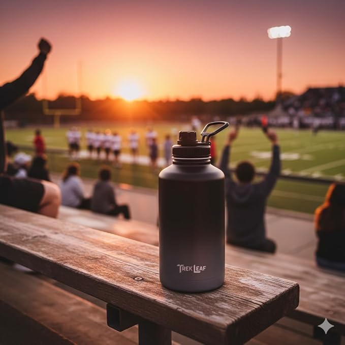 Travel Water Bottle with Carrying Bag, 3 Lids (Spout, Straw, Handle), and Bottle Brush; Leak Proof, Quality, Vacuum Insulated, Stainless Steel (Charcoal Fog, 64 oz)