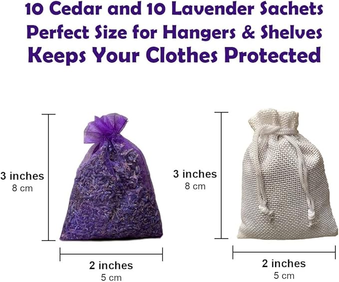 Cedar Chips and Lavender Sachets (20 Pack) - Stop Clothes Damage - Cedar and Lavendar Home Fragrance Sachets for Drawers and Closets