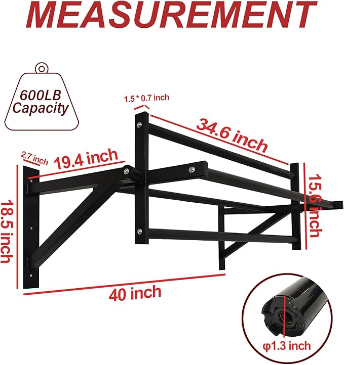 BESTHLS Wall Mounted Pull Up Bar and Dip Station, Heavy Duty Wall Mount Pull-up Chin Up Bar Multifunctional Home Gym Workout Indoor Exercise Equipment Support to 440 Lbs