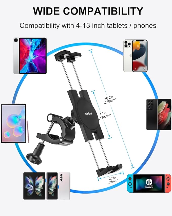 Bike Tablet Mount Holder [Ultra Stable] Motorcycle Tablet Mount for Bicycle Handlebar, Electric Scooter, Mountain, Dirt Bike Clamp- 360° Rotate Suitable for 4.7-13" iPad Pro, Air, Mini, IPhone, Galaxy