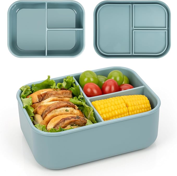 100% Silicone Bento Box Adult with 3 Compartments, 48oz, Reusable Divided Lunch Box Meal Prep Containers for Entree and Side Food Snack Storage, BPA-Free Plastic-Free, Microwave Dishwasher safe, Green