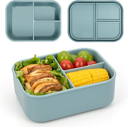 100% Silicone Bento Box Adult with 3 Compartments, 48oz, Reusable Divided Lunch Box Meal Prep Containers for Entree and Side Food Snack Storage, BPA-Free Plastic-Free, Microwave Dishwasher safe, Green