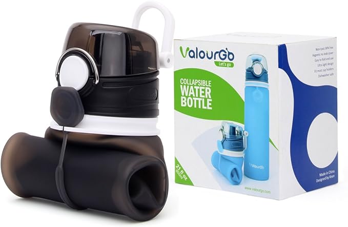 Valourgo Collapsible Water Bottle, Silicone Foldable with Leak Proof Valve BPA Free, Aqua Blue, 21 oz