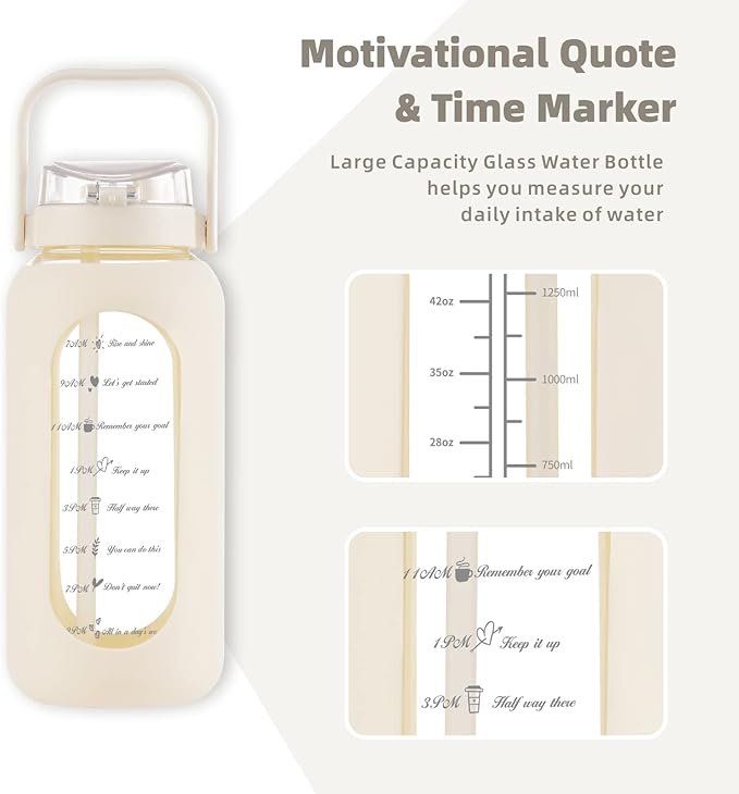 SIEROZUR 74oz Glass Water Bottle with Straw and Lid Large Gallon Water Jug with Silicone Sleeve and Handle 2.2 liter Wide Mouth Bottle with Time Marker for Gym Sports& Workout
