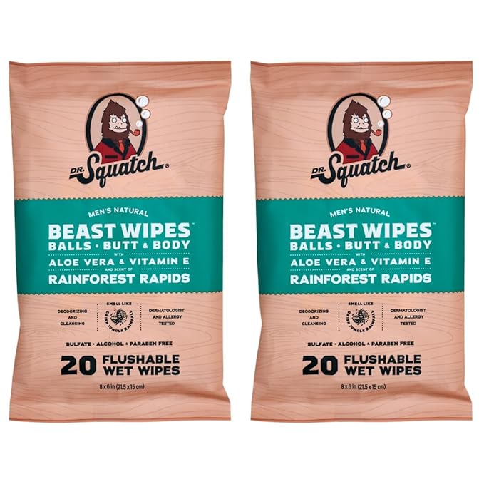 Dr. Squatch Beast Wipes - Flushable Adult Wipes for Men - Soothing and Refreshing - 2 Pack Rainforest Rapids