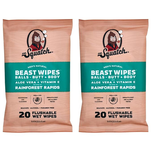 Dr. Squatch Beast Wipes - Flushable Adult Wipes for Men - Soothing and Refreshing - 2 Pack Rainforest Rapids