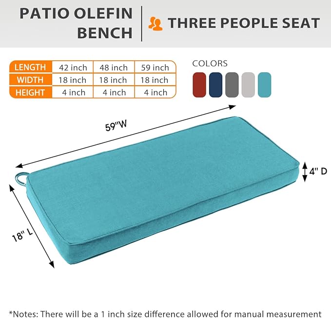Sundale Outdoor Olefin Bench Cushion， Water-Resistant Patio Couch Cushion, Loveseat Sofa Pad with Straps Teal, 59 x 18 x 4 Inches