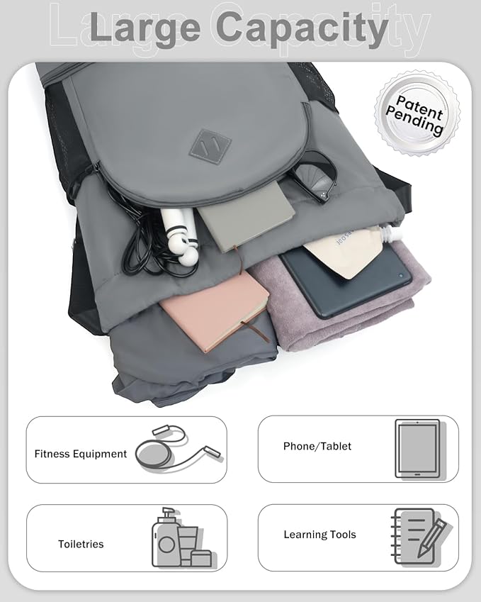 Drawstring Backpack Gym Backpack with Shoe Compartment for Men Women String Sports Bag with Wet Pocket Cinch Swim Beach Bag, Gray (Patent Pending)