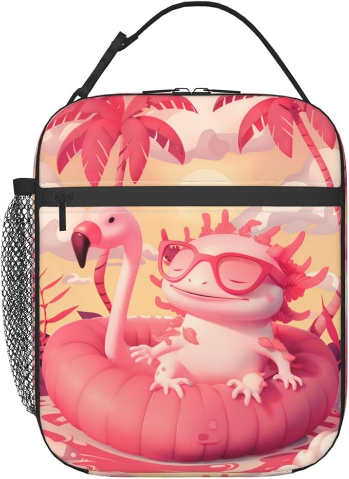Insulated Lunch Box for Women Men, Flamingo Axolotl Theme Lunch Box Reusable Portable Lunch Bag Cooler Tote Waterproof Lunch Container for Office Picnic Work Travel