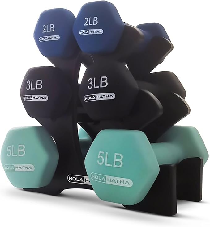 HolaHatha 2, 3, 5, 8, and 10 Pound Neoprene Dumbbell Free Hand Weight Set with Rack, Ideal for Home Exercises to Gain Tone and Definition, Pastel