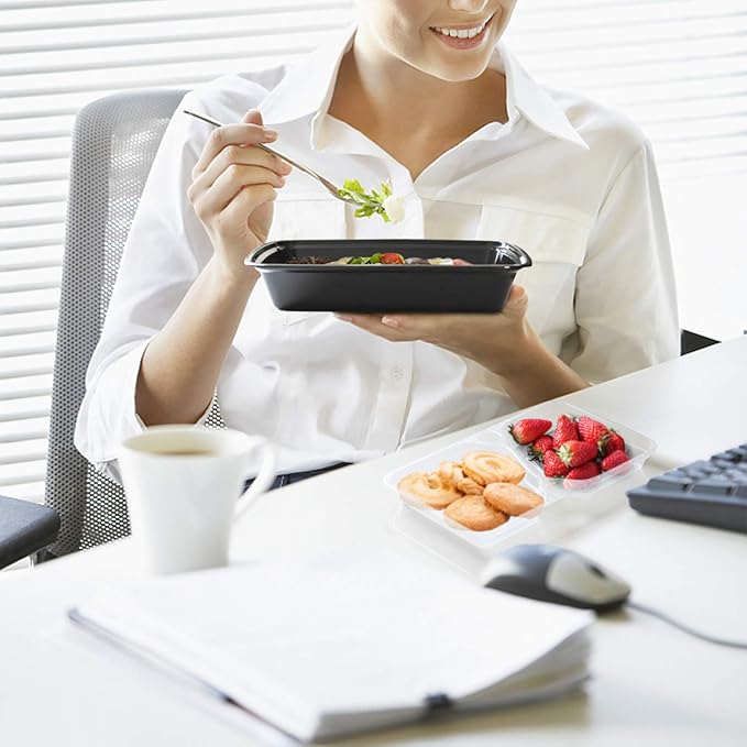 Enther 36oz Meal Prep Containers 20 Pack 3 Compartment with Removable Insert Tray 2 Tier Food Storage Bento Box with Lid, BPA Free Reusable Lunch Box Stackable/Microwave/Dishwasher/Freezer Safe Black