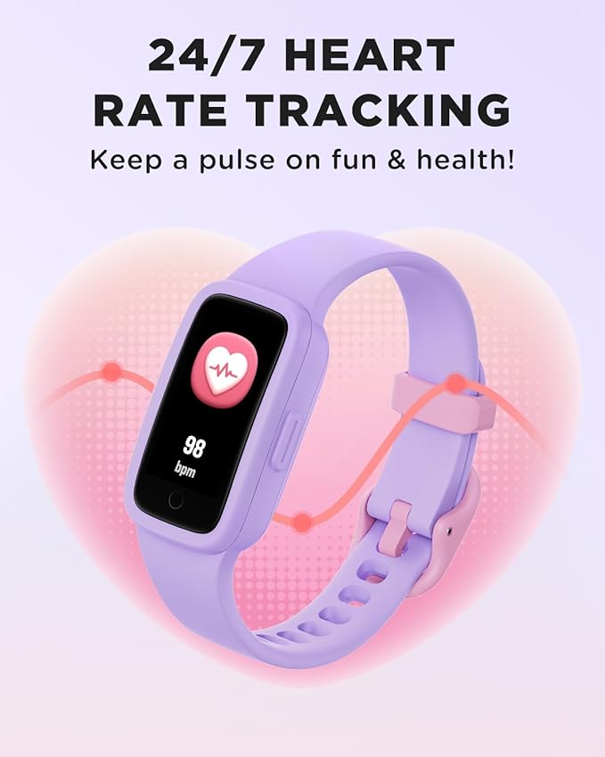 BIGGERFIVE Vigor 3 Kids Fitness Tracker Watch, AMOLED Screen, No App No Phone Needed, 3ATM Waterproof, Heart Rate and Sleep Monitor, Pedometer Watch, Sports Step Counter for Girls Ages 5-15, Lilac