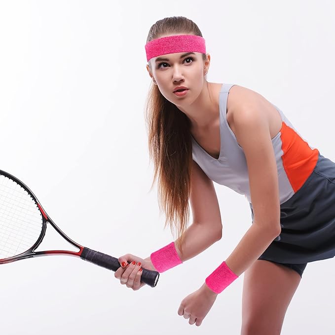 Civaner 12 Pcs 80s 90s Sweatbands Neon Headbands Wristbands for Men Women Party Sports Cotton Headbands Terry Cloth Athletic Sweat Bands for Tennis Football Gym Workingout Accessories