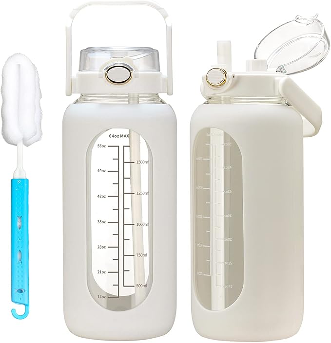 42oz/52oz/64oz Glass Water Bolttles with Straw Half Gallon Large Motivational Water Bottle with Time Marker Sports Water Bottles with Silicone Sleeve and Handle Lid Water Jug for Gym Workout