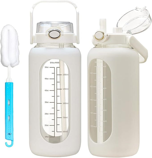 42oz/52oz/64oz Glass Water Bolttles with Straw Half Gallon Large Motivational Water Bottle with Time Marker Sports Water Bottles with Silicone Sleeve and Handle Lid Water Jug for Gym Workout