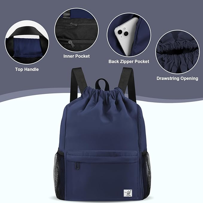 Drawstring Backpack with Mesh Pockets String Gym Bag Sackpack Sandproof Water Resistant Beach Backpack for Men Women