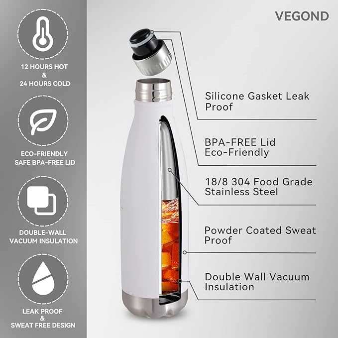 VEGOND 17oz Stainless Steel Water Bottles, Reusable Metal Sports Water Bottle Keeps Drink Hot and Cold, BPA Free Double Wall Vacuum Cola Shape Insulated Water Bottle for Camping Gym, 1 Pack
