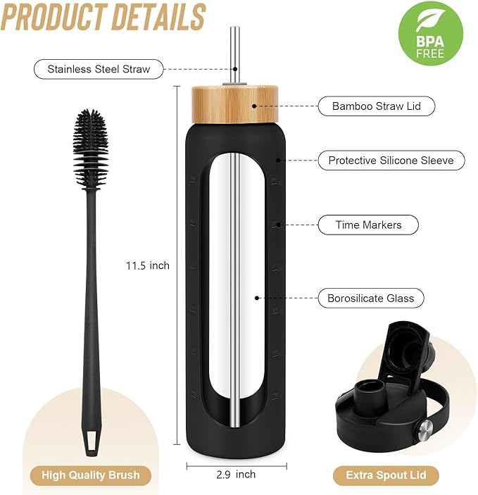 25 oz Glass Water Bottles - Motivational Tumbler With Time Marker - Borosilicate Glass Bottle, Silicone Sleeve, 2 Lids,Handle Spout & Bamboo Straw, Black